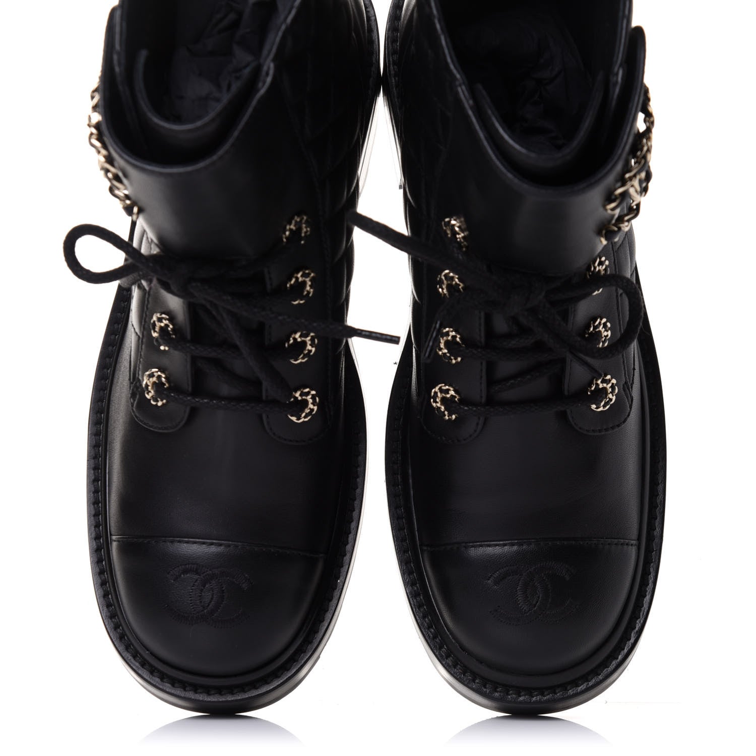 Chanel Shiny Lambskin Quilted Lace Up Combat Boots 39.5 Black 5 of 10