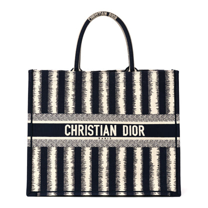 Christian Dior Canvas Embroidered Large Striped Book Tote Navy 1 of 13