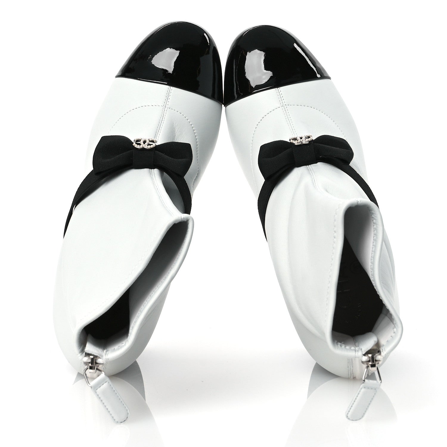 Chanel Stretch Lambskin Patent Calfskin Pearl CC Bow Cap Toe Short Boots 37 White Black 2 of 11