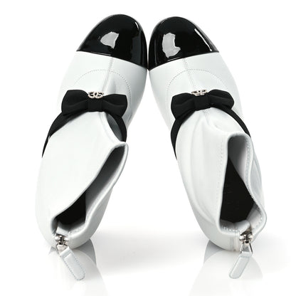 Chanel Stretch Lambskin Patent Calfskin Pearl CC Bow Cap Toe Short Boots 37 White Black 2 of 11