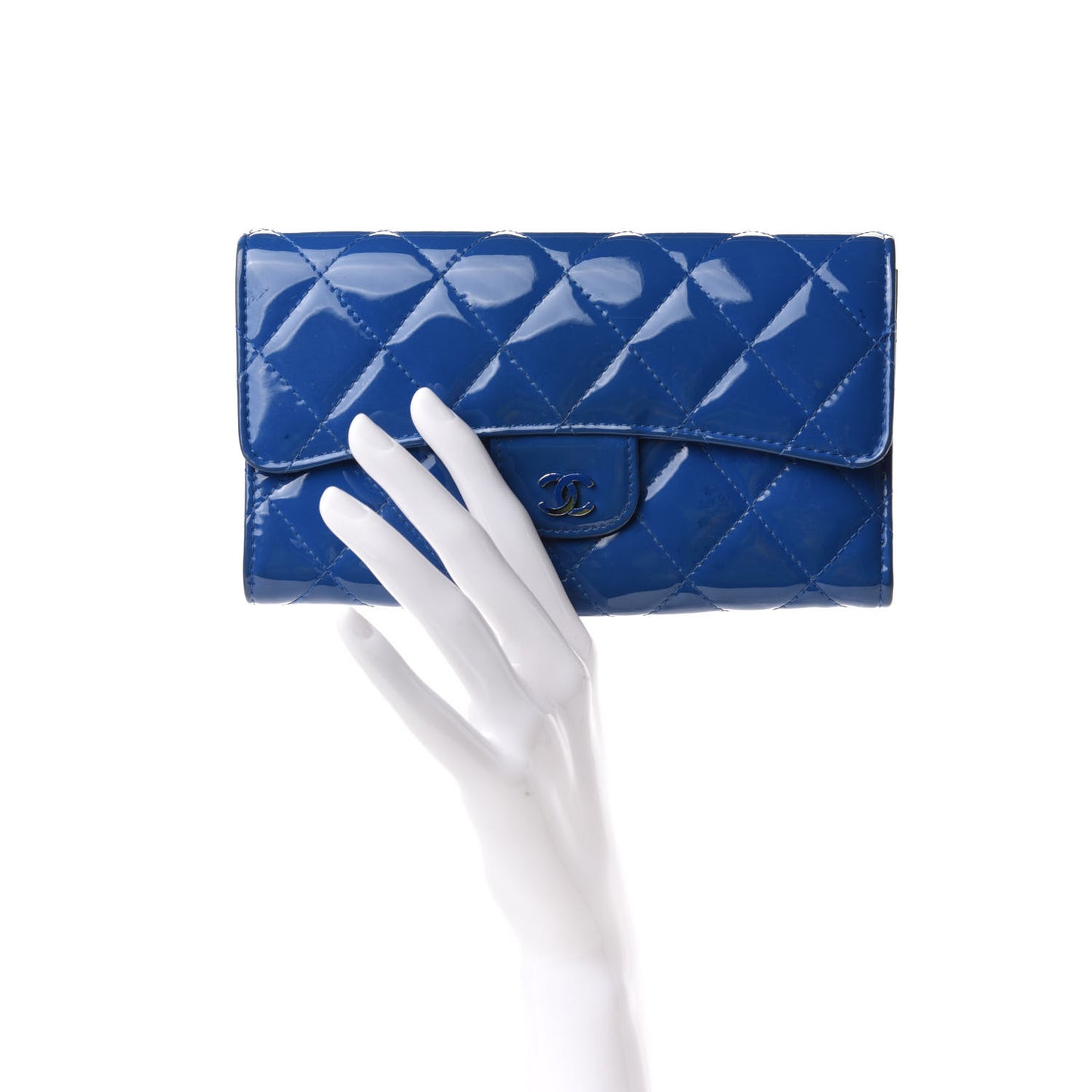 Patent Calfskin Quilted Large Flap Wallet Blue