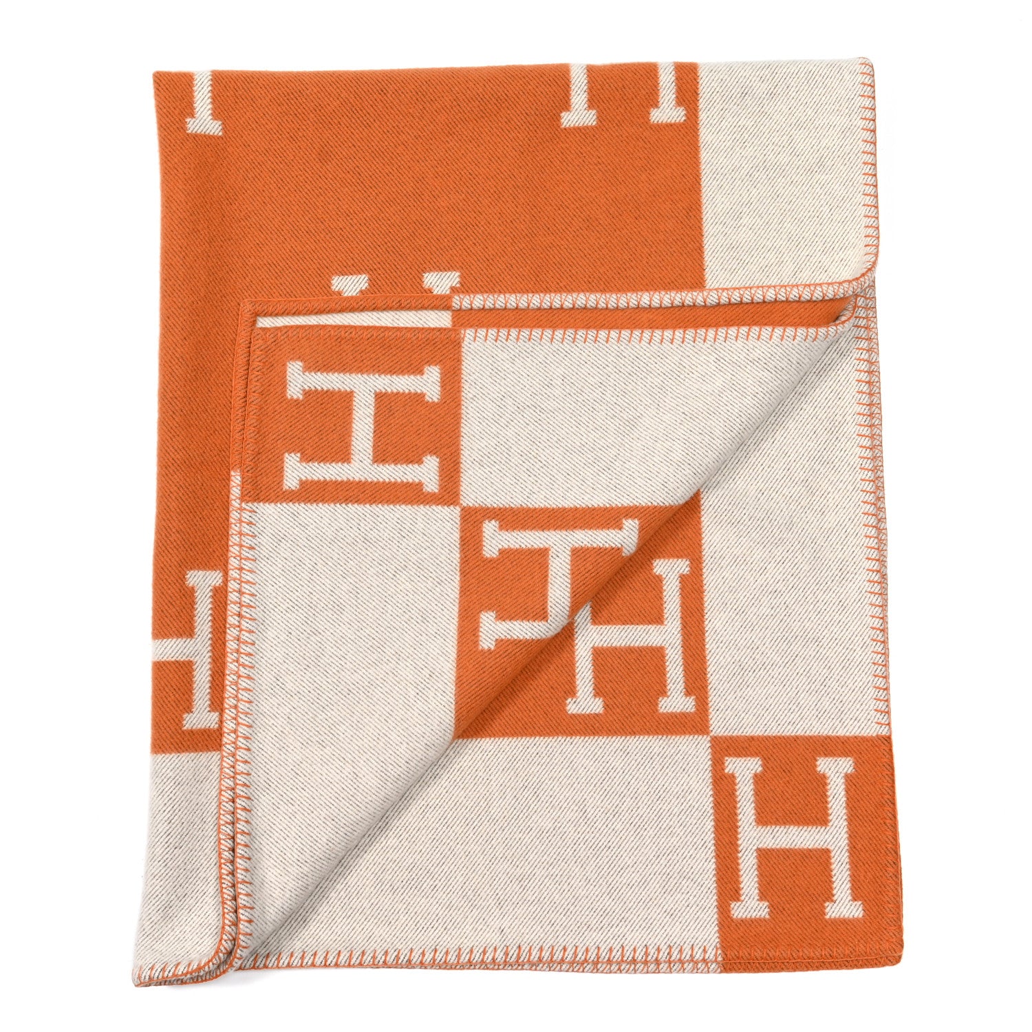 Hermes Wool Cashmere Signature Classic Avalon Blanket Ecru Potiron 2 of 3