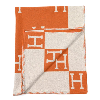 Hermes Wool Cashmere Signature Classic Avalon Blanket Ecru Potiron 2 of 3