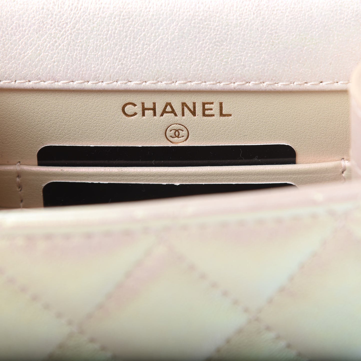 Iridescent Lambskin Quilted CC Phone Holder Ivory