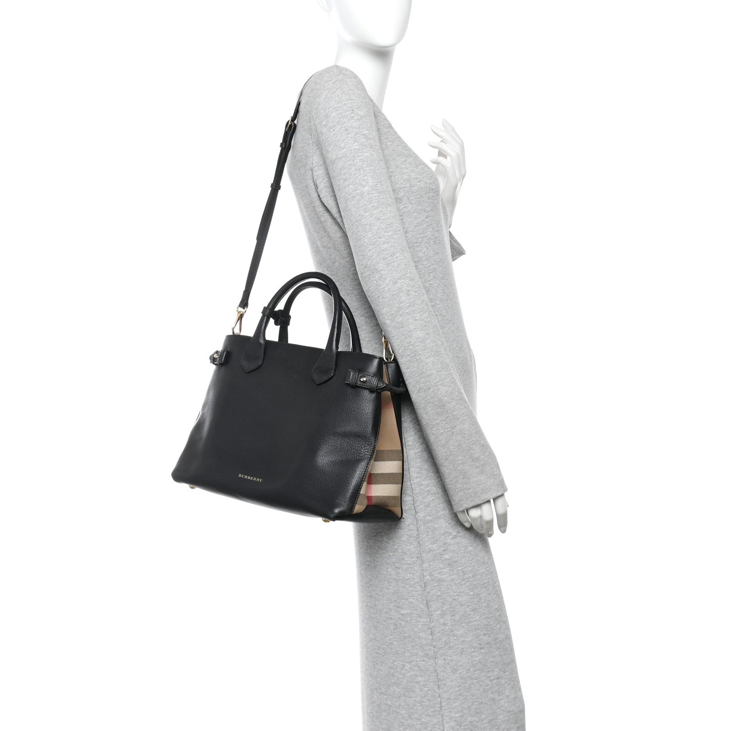 Grainy Calfskin House Check Medium Banner Tote Black