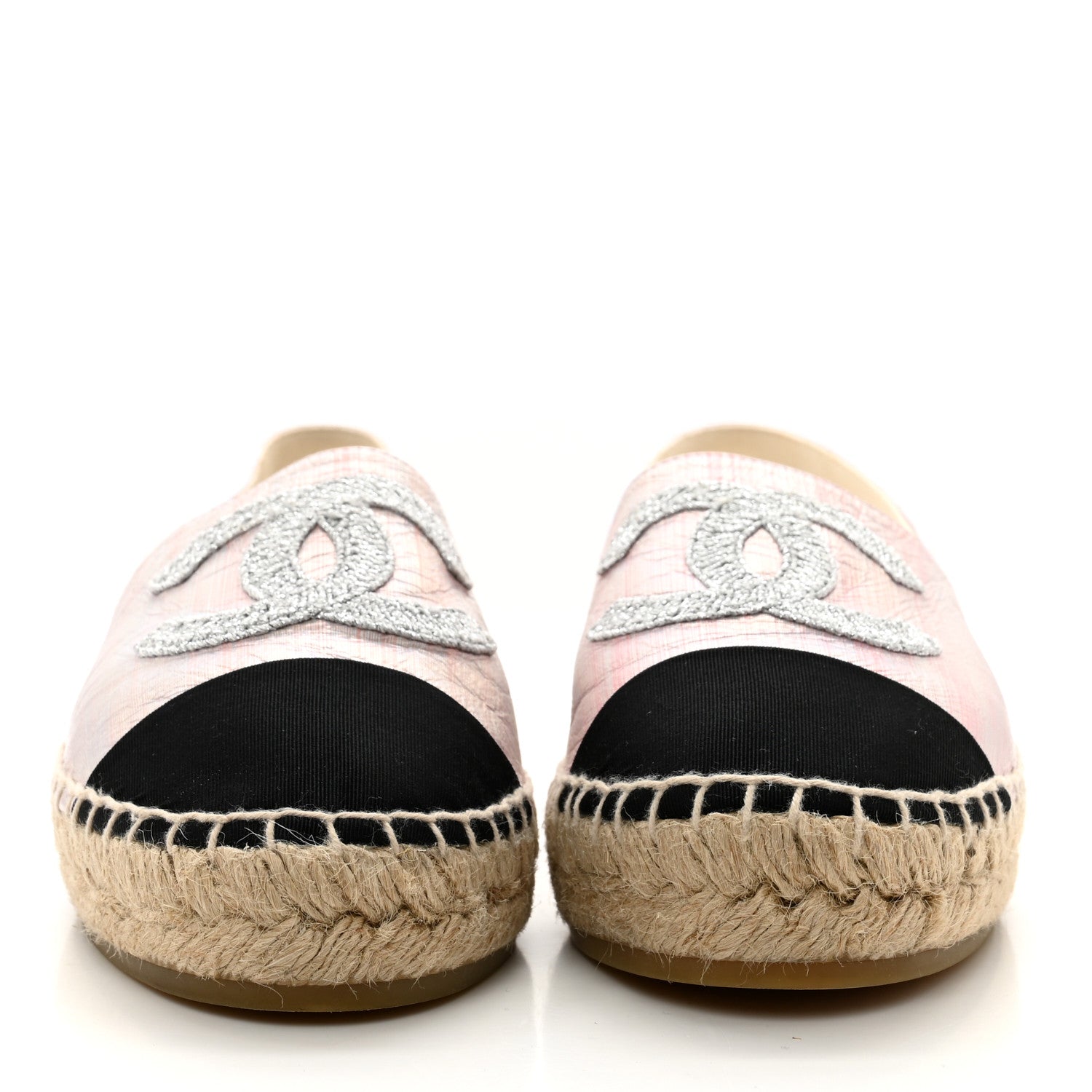 Chanel Laminated Lambskin Grosgrain Embroidered CC Espadrilles 38 Pink Silver Black 2 of 9