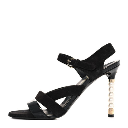 Chanel Kid Suede Patent Pearl Sandals 37 Black 1 of 11