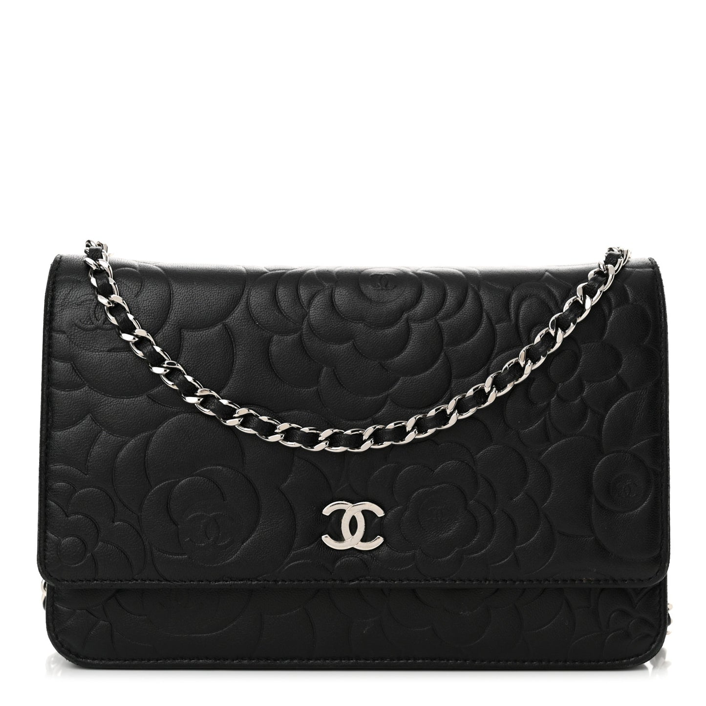 Lambskin Camellia Embossed Wallet on Chain WOC Black