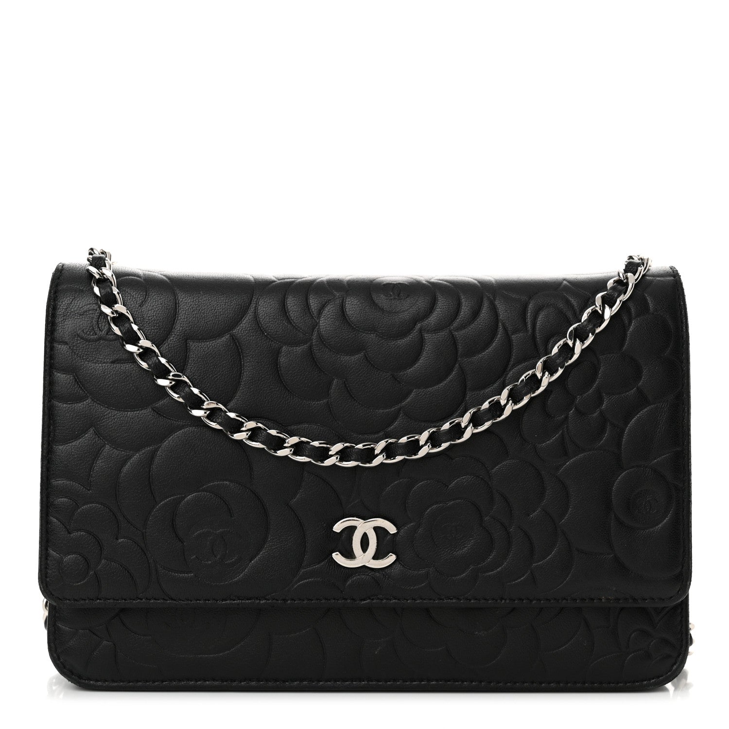 Chanel Lambskin Camellia Embossed Wallet on Chain WOC Black 1 of 17