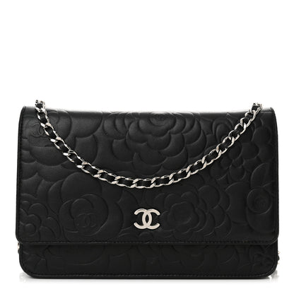 Chanel Lambskin Camellia Embossed Wallet on Chain WOC Black 1 of 17