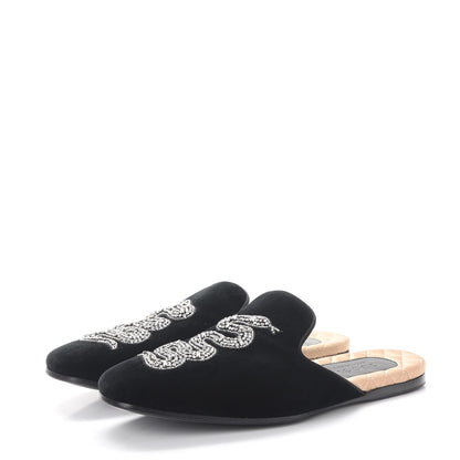 Gucci Velvet Crystal Snake Embellished Mens Lawrence Slippers 8 Black 3 of 8