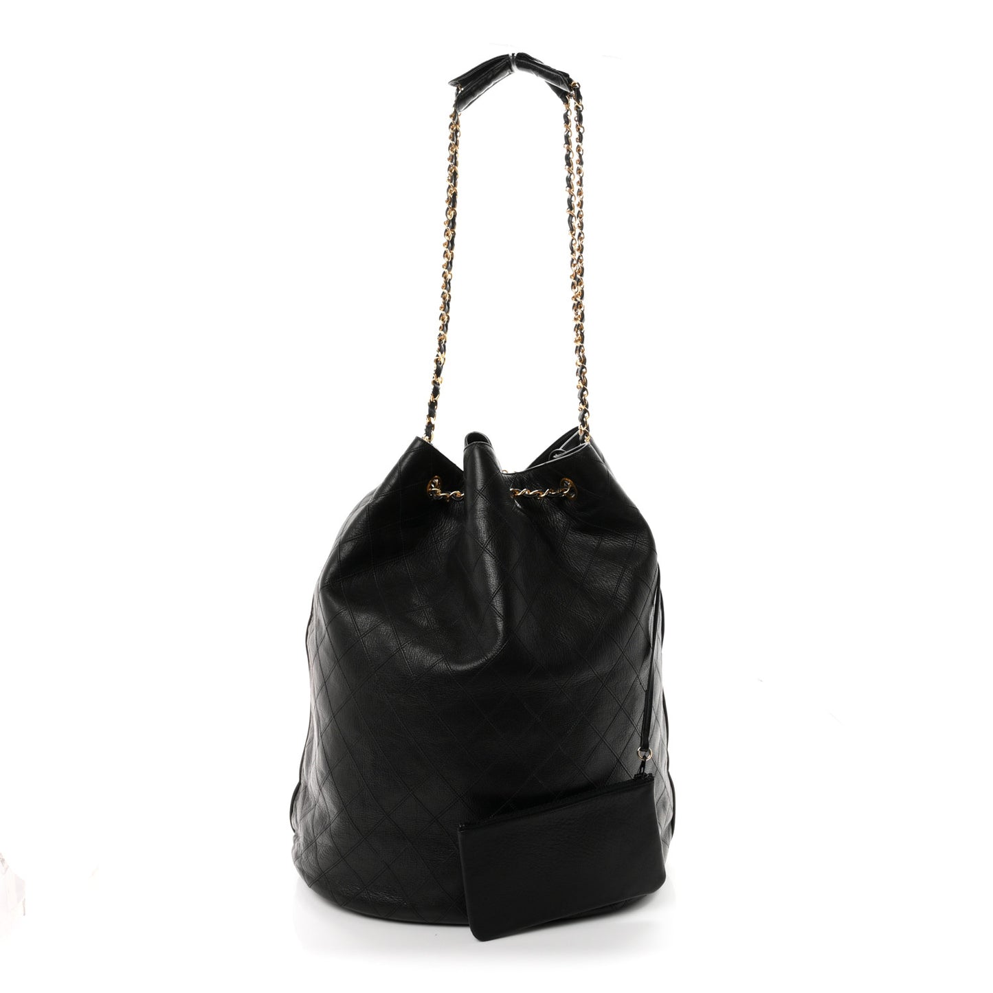 Lambskin Diamond Stitched Drawstring Shoulder Bag Black