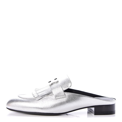 Hermes Metallic Goatskin Womens Rivoli Mules 39 Gris Argente 1 of 9