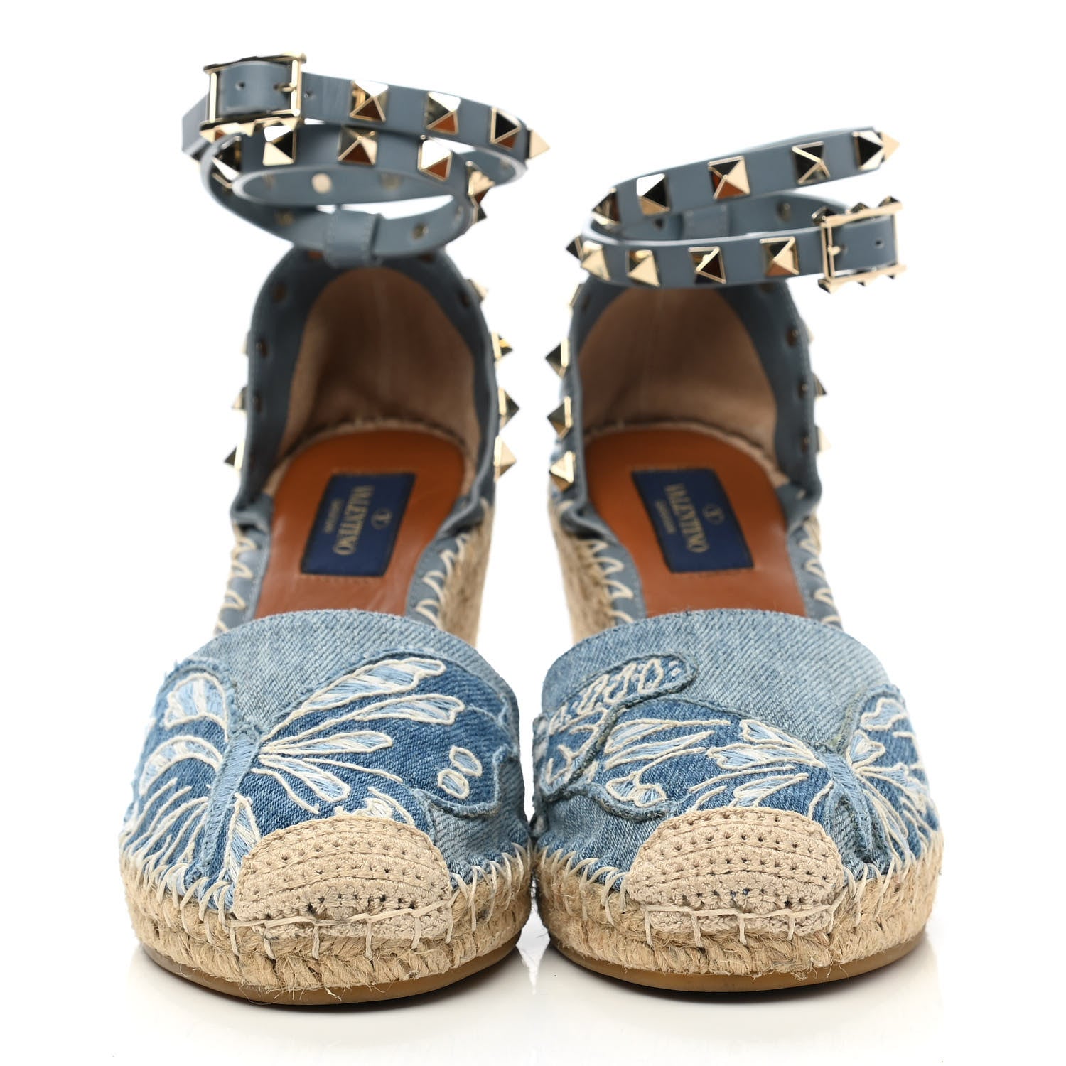 Valentino Garavani Denim Butterfly Embroidered Rockstud Ankle Wrap Espadrille 15/85mm Wedges 36 Light Denim 2 of 10