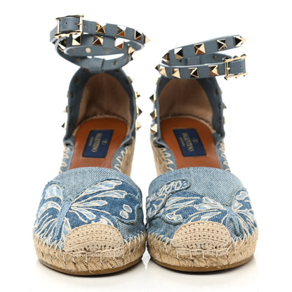 Valentino Garavani Denim Butterfly Embroidered Rockstud Ankle Wrap Espadrille 15/85mm Wedges 36 Light Denim 2 of 10