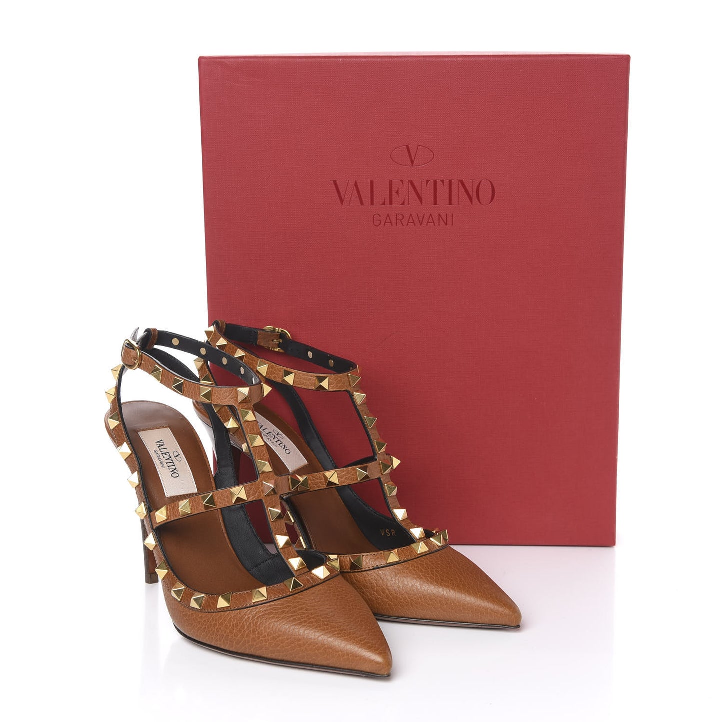 Pebbled Calfskin Rockstud Ankle Strap 100mm Pumps 37.5 Cuoio