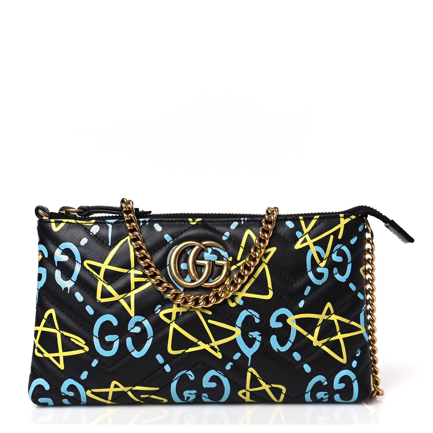 Gucci Calfskin Matelasse Printed Mini GucciGhost GG Marmont Chain Bag Black New Acquamarine 1 of 6