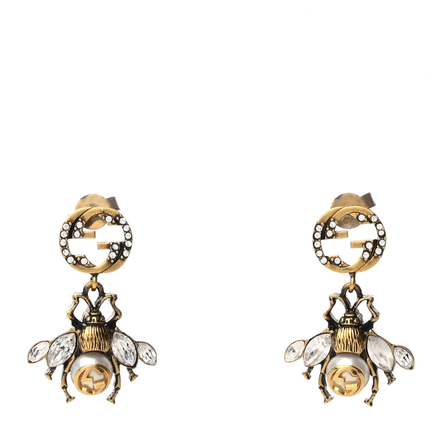 Gucci Crystal Pearl GG Drop Bee Earrings Gold 1 of 4