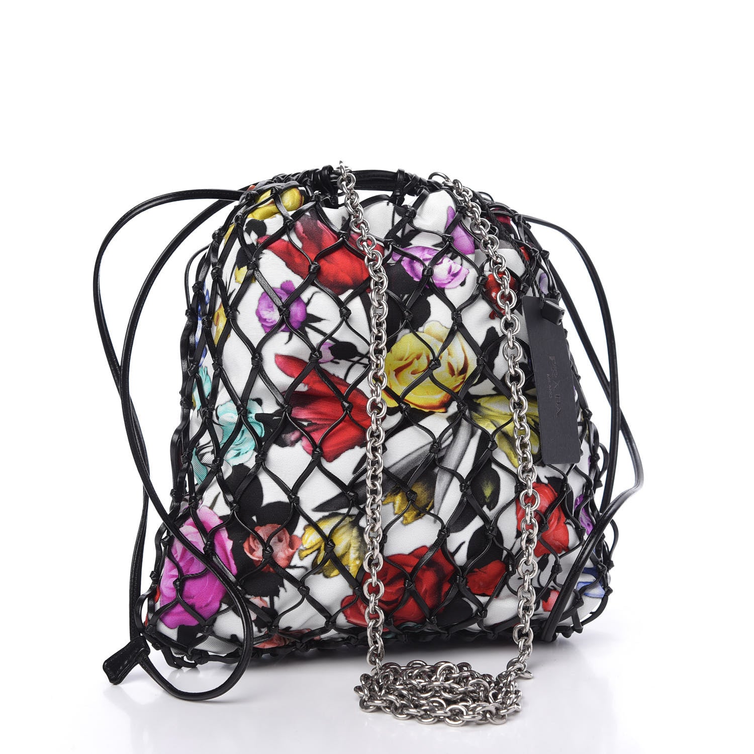Prada Fabric Calfskin Floral Print Net Chain Bag Black Multicolor 3 of 11