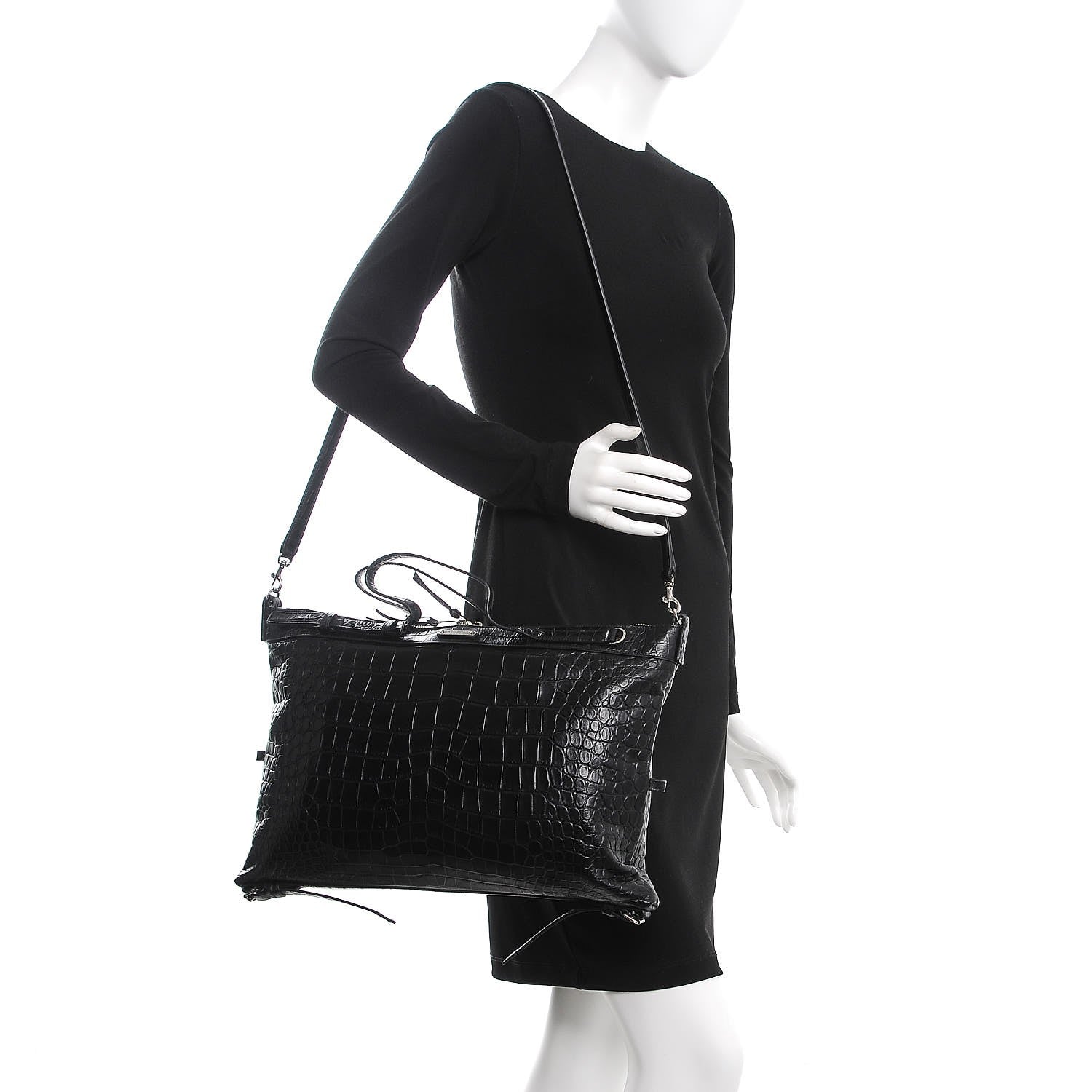 Saint Laurent Calfskin Crocodile Embossed Large Convertible ID Bag Black 2 of 8