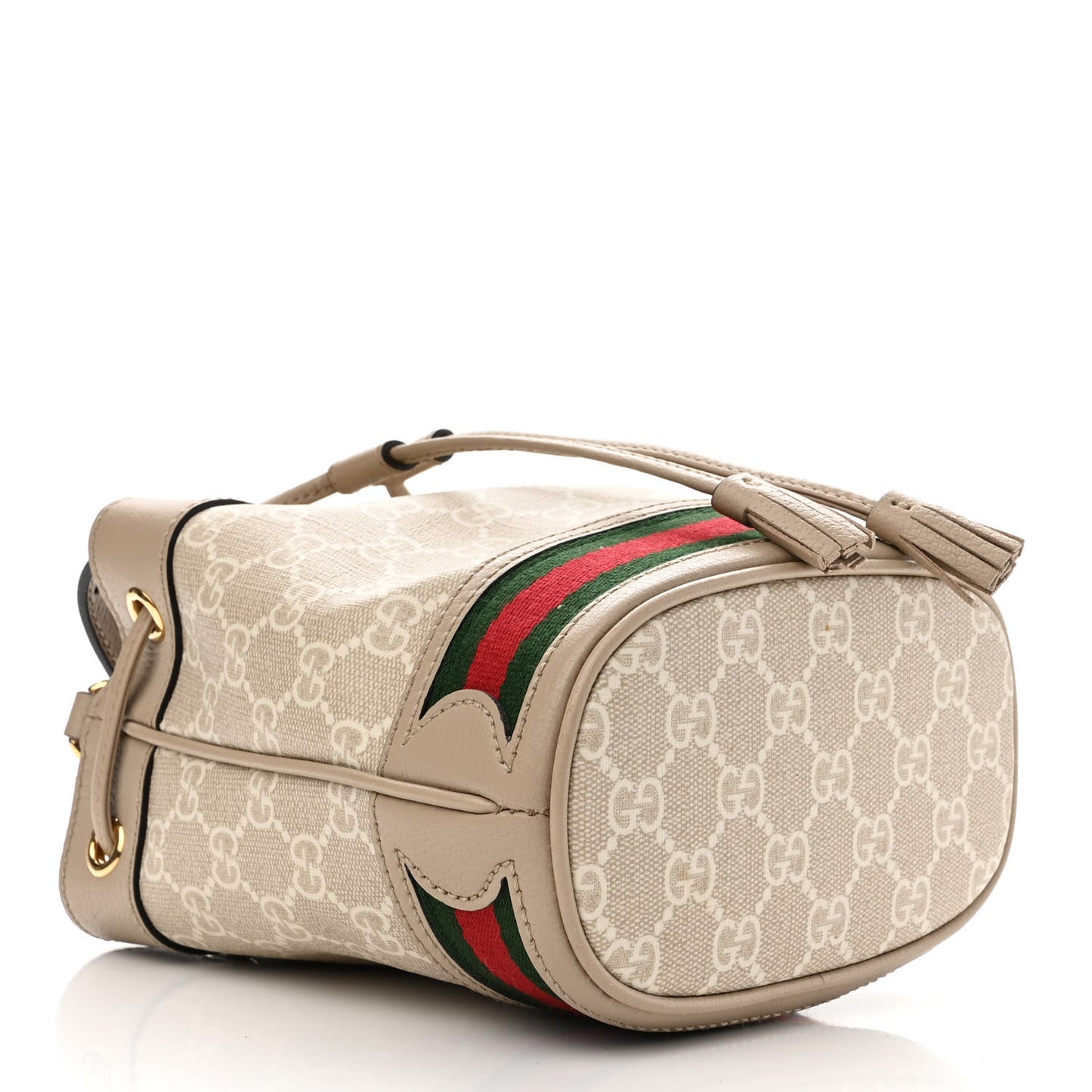 GG Supreme Monogram Textured Calfskin Web Mini Ophidia Bucket Bag Beige Mystic White Oatmeal