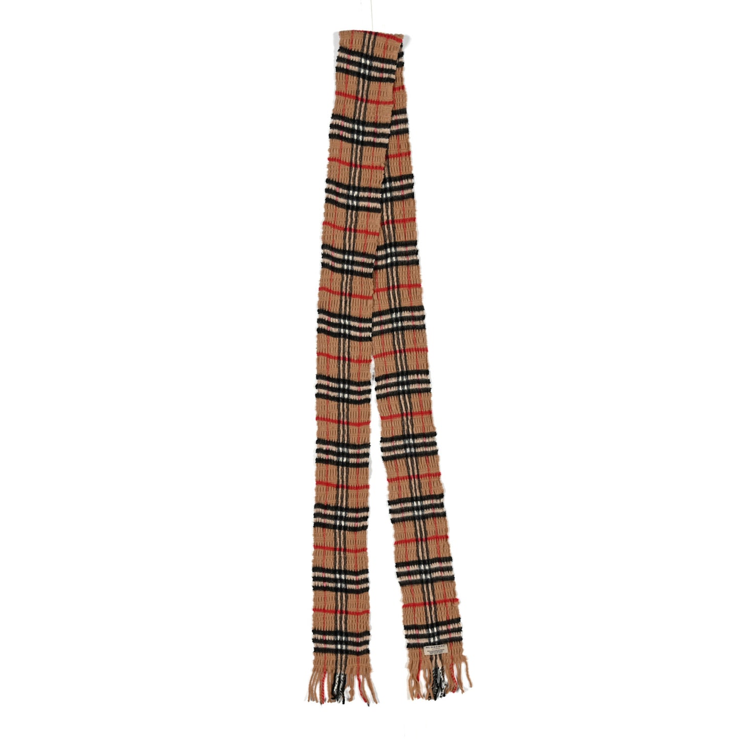 Cashmere Wool Vintage Check Scarf Fringe  Beige