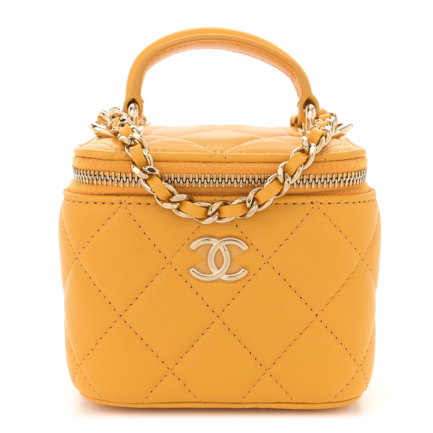 Lambskin Quilted Top Handle Mini Vanity Case With Chain Yellow