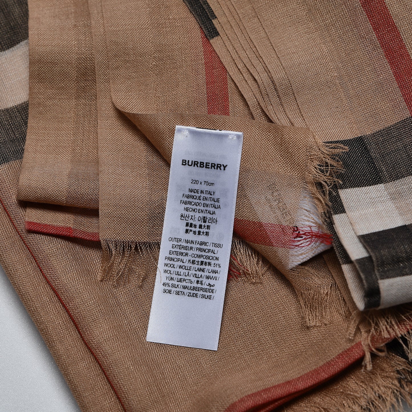 Wool Silk Giant Check Gauze Scarf Camel