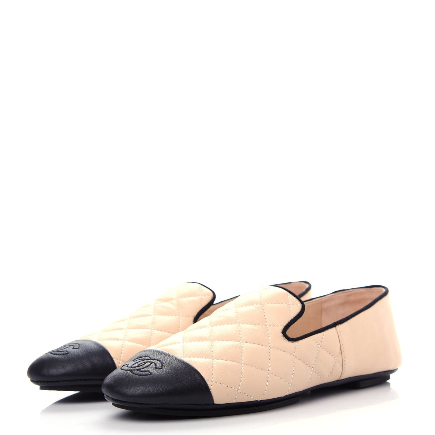 Lambskin Quilted Cap Toe Slipper With Pouch 37 Beige Black