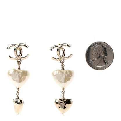 Chanel Pearl CC Double Heart Drop Earrings Gold 2 of 4