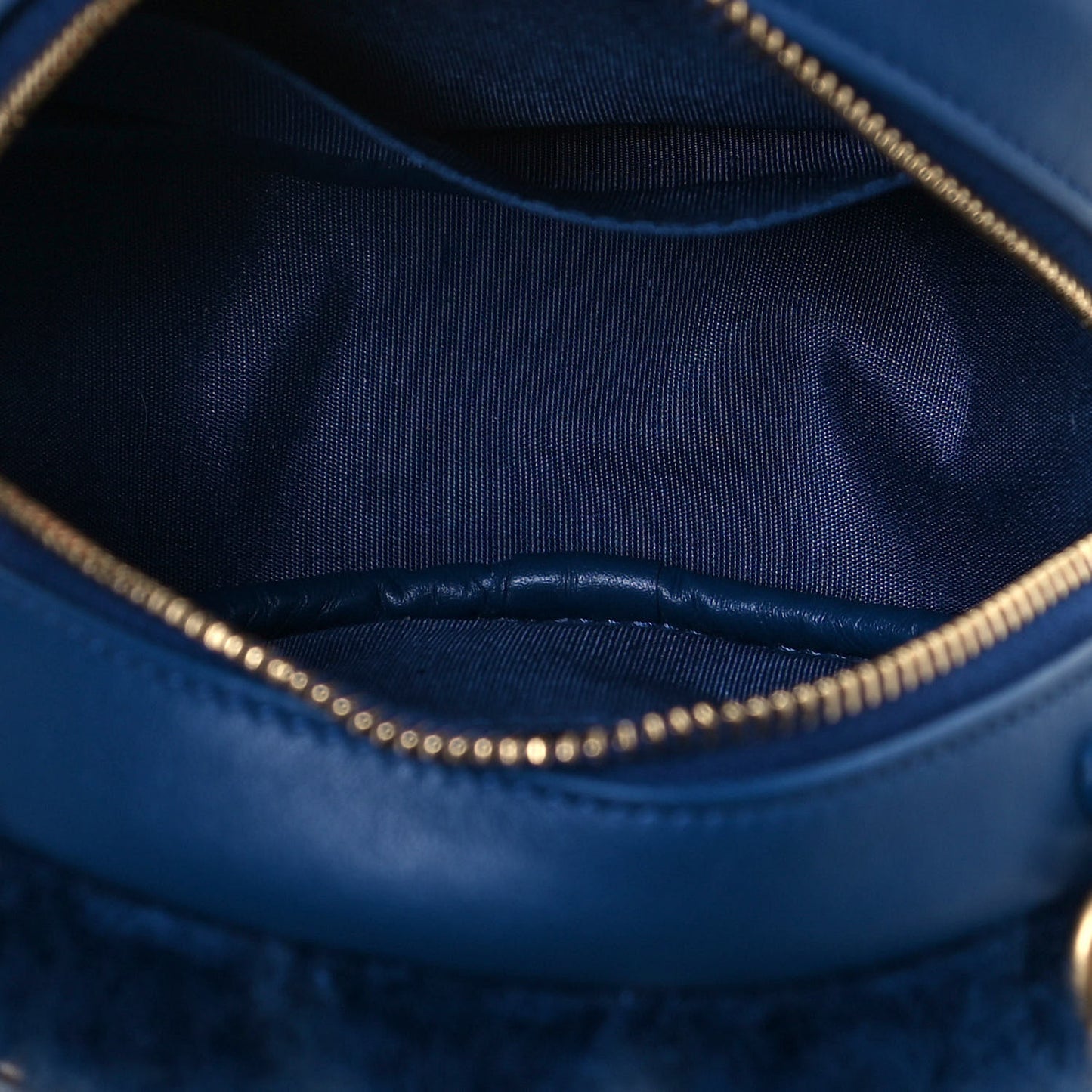 Shearling Sheepskin Chanel 19 Round Clutch With Chain Blue