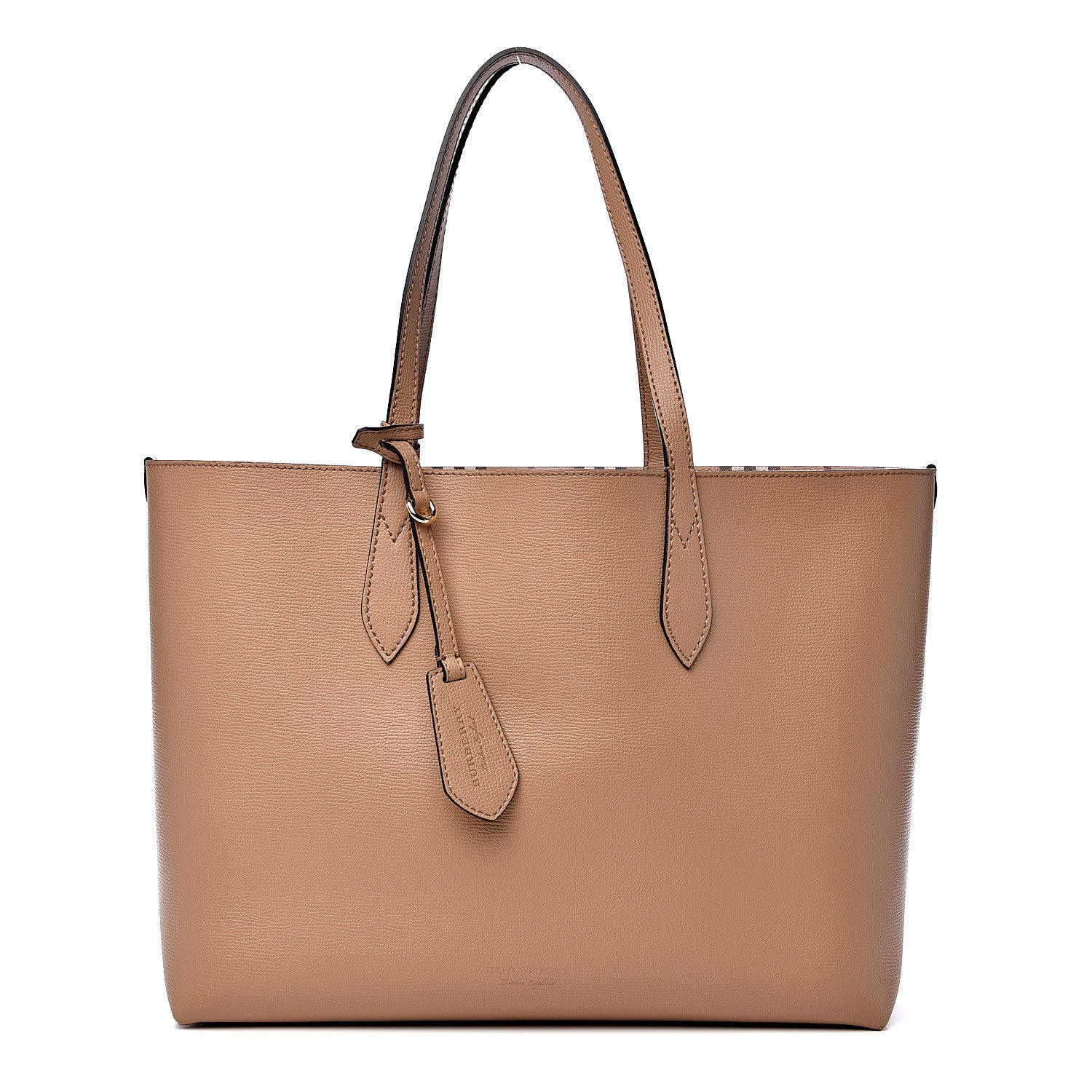 Burberry Grainy Calfskin Haymarket Check Medium Reversible Tote Mid Camel 1 of 17