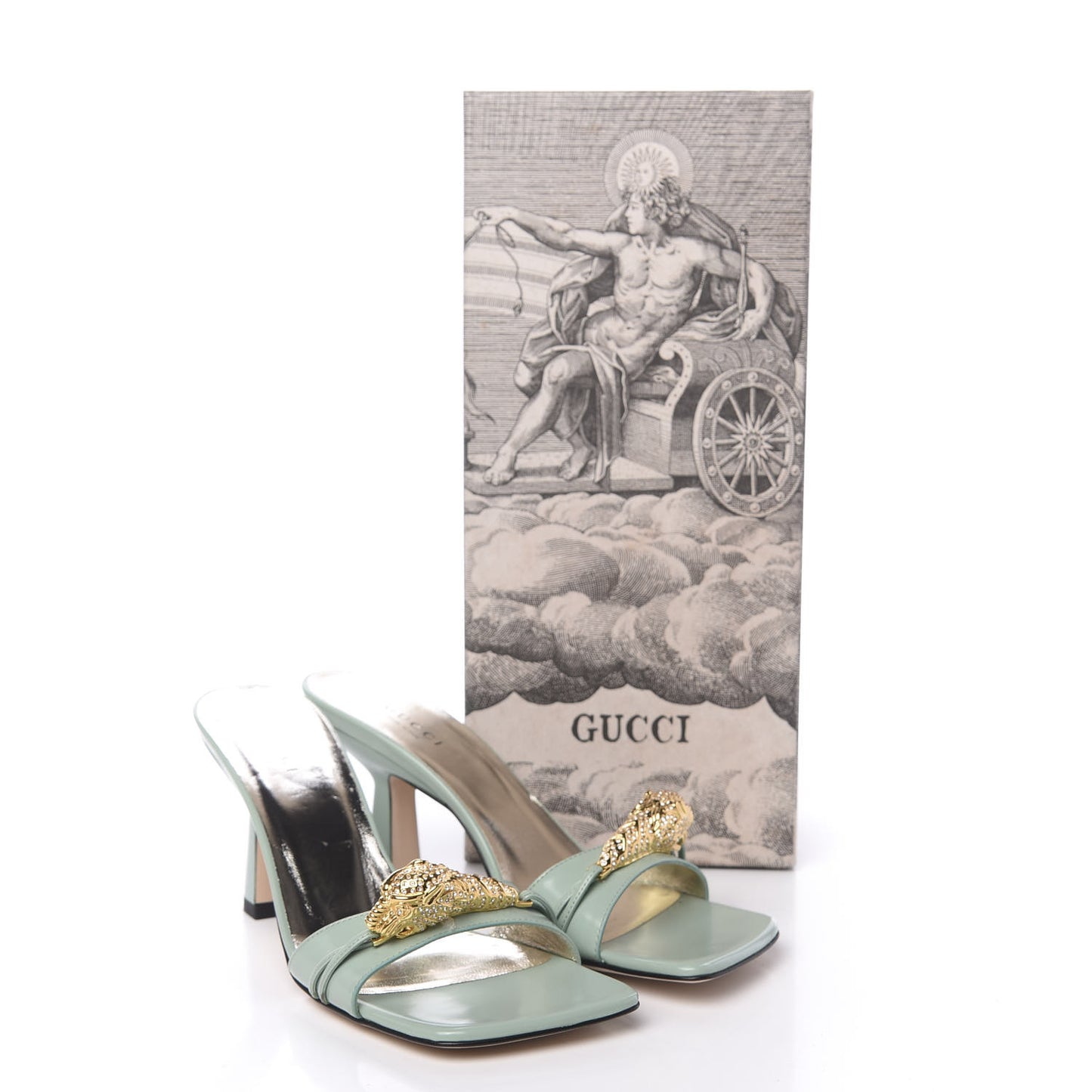 Nappa Dora Tiger Head Mid Heel Slide Sandals 37 Aqua Green