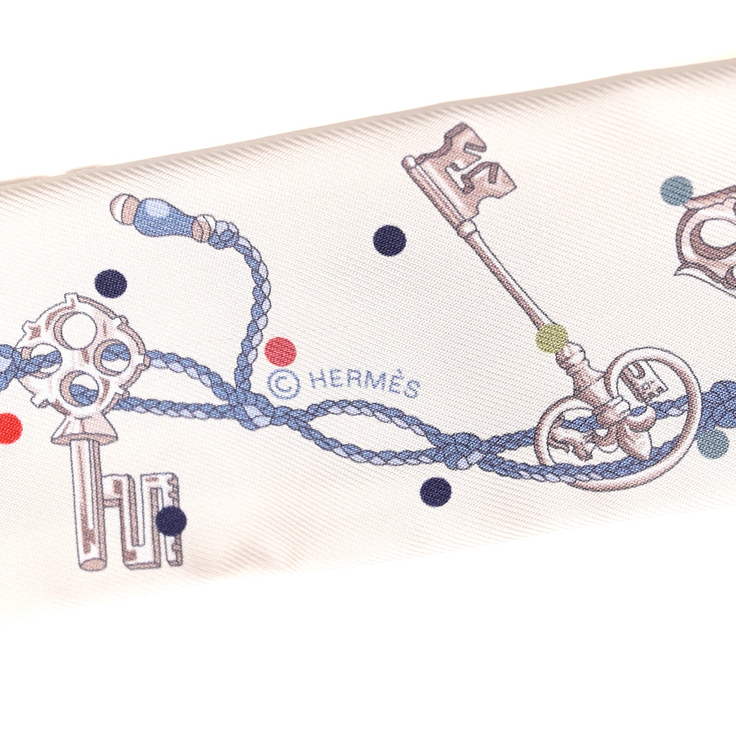 Hermes Silk Calfskin Les Cles A Pois Fringed Twilly Creme Gris Perle Multicolor 4 of 4