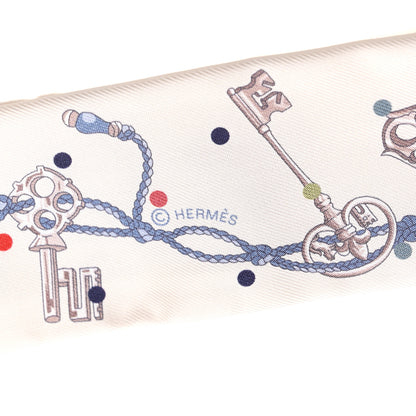 Hermes Silk Calfskin Les Cles A Pois Fringed Twilly Creme Gris Perle Multicolor 4 of 4