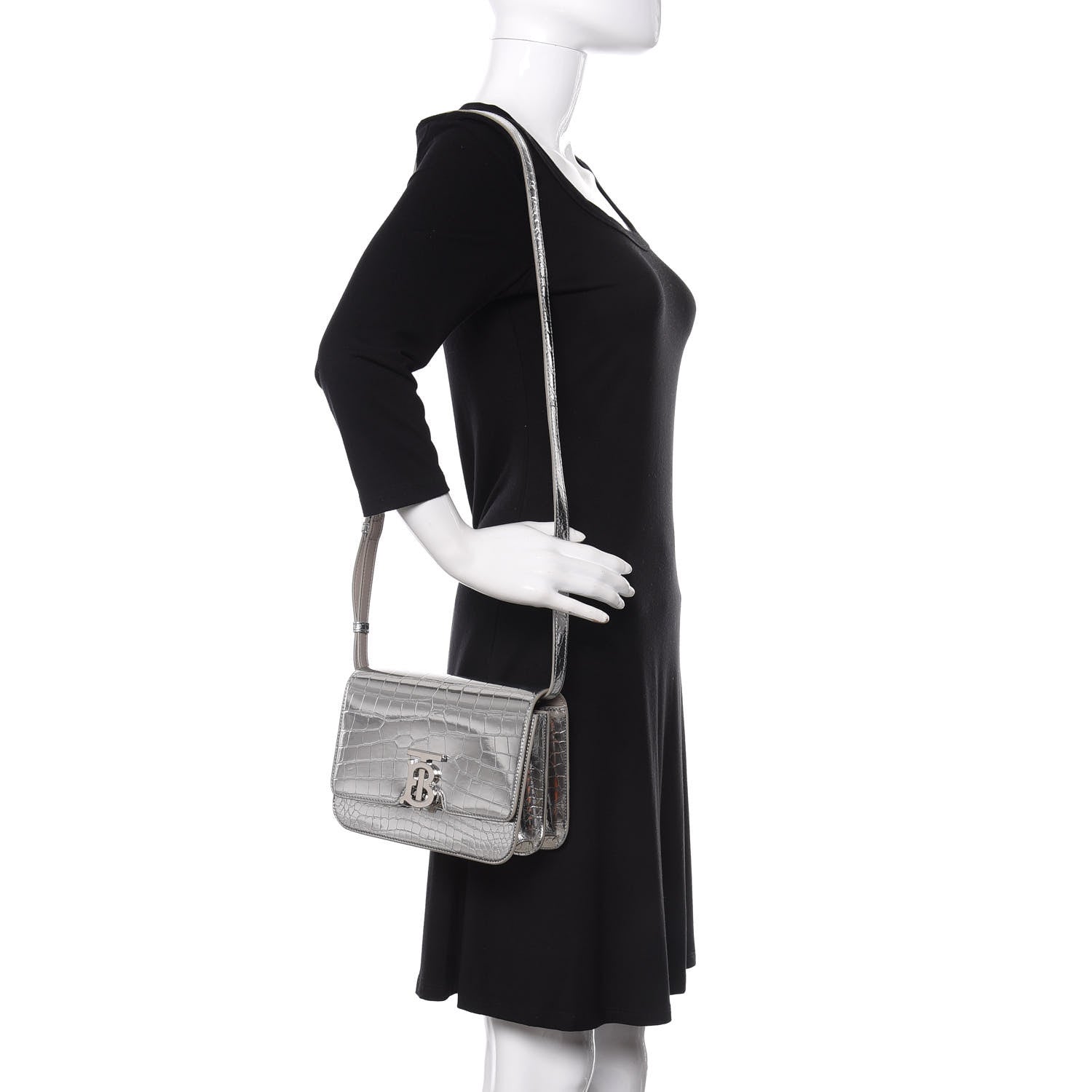 Burberry Metallic Patent Crocodile Embossed Small TB Shoulder Bag Silver 2 of 9