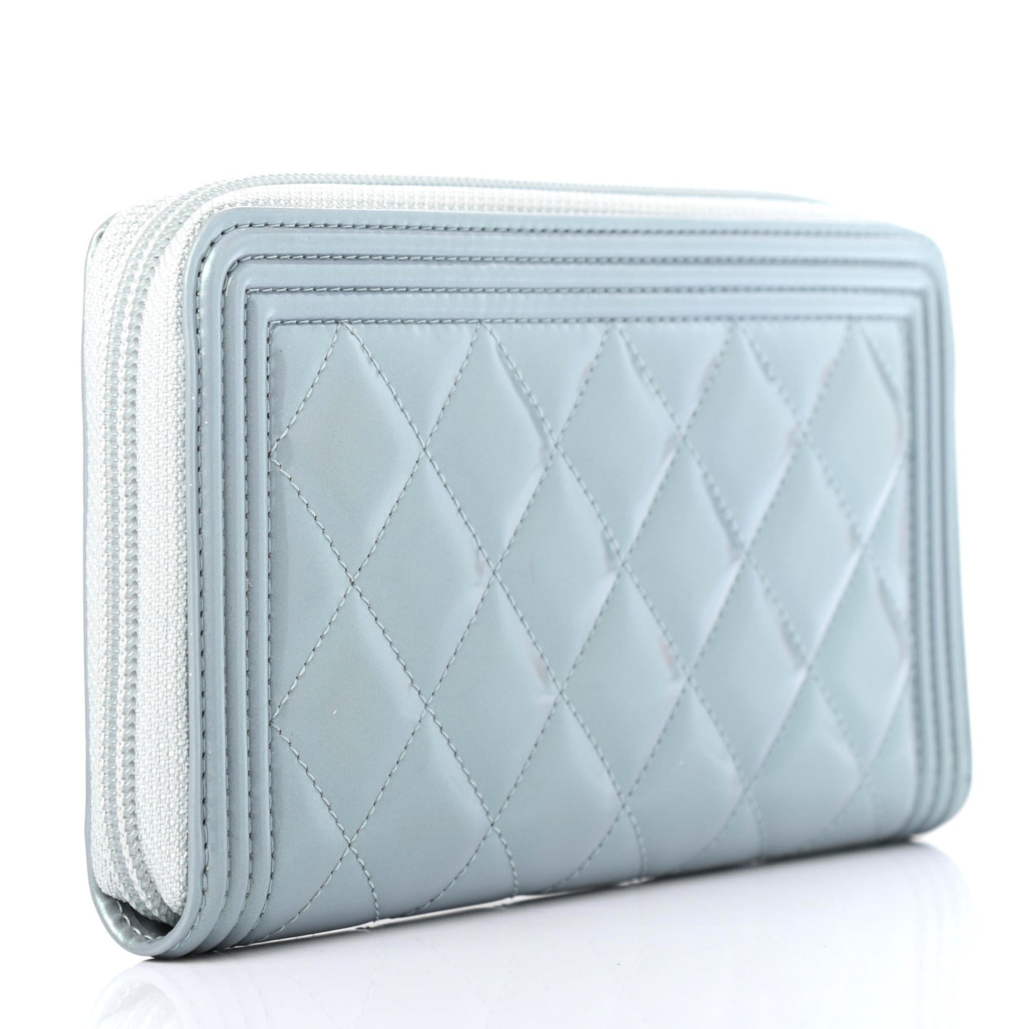 Metallic Patent Calfskin Quilted Boy L-Gusset Zip Wallet Light Blue