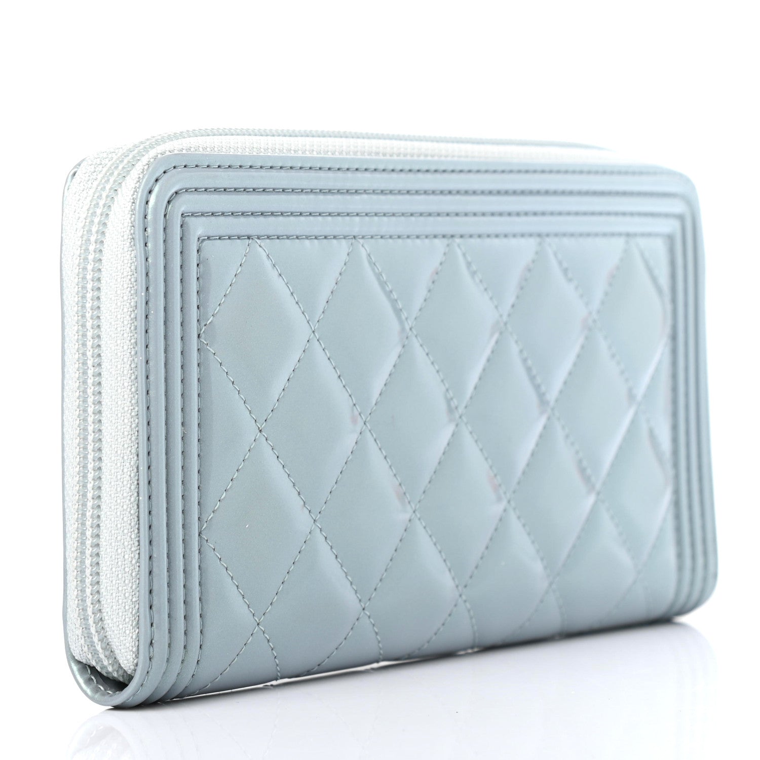 Chanel Metallic Patent Calfskin Quilted Boy L-Gusset Zip Wallet Light Blue 2 of 7