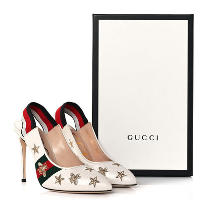 Gucci Malaga Kid Web Bee Star Embroidered Sylvie High Heel Slingback Pumps 37.5 White 10 of 10