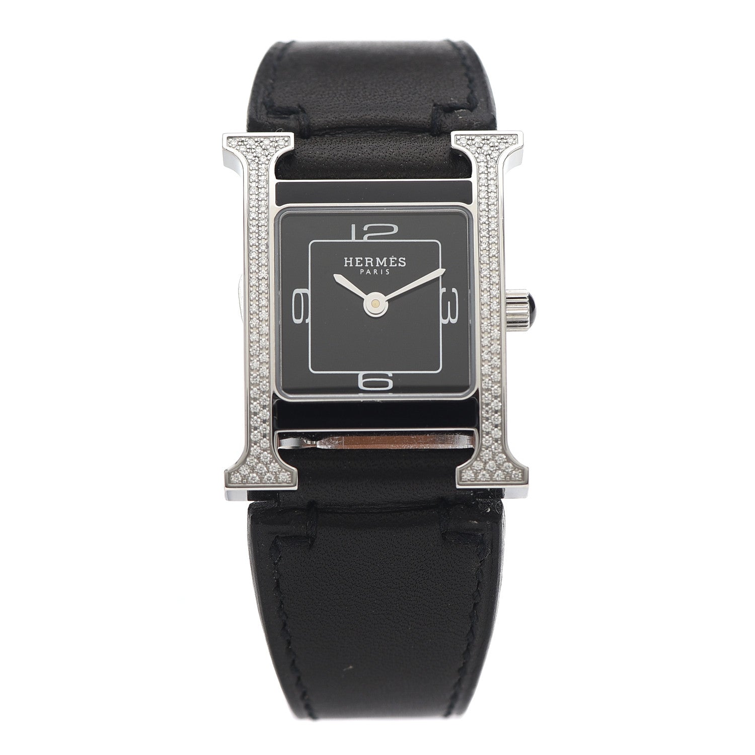 Hermes Stainless Steel Barenia Diamond 21mm Heure H Hour Double Jeu Quartz Watch Noir 1 of 5