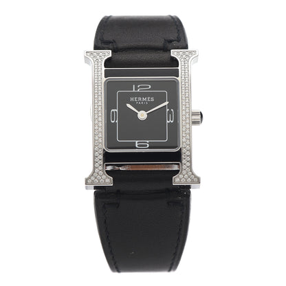 Hermes Stainless Steel Barenia Diamond 21mm Heure H Hour Double Jeu Quartz Watch Noir 1 of 5