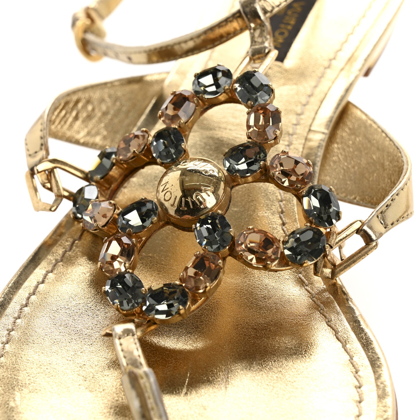 Metallic Calfskin Crystal Flower Thong Flat Sandals 37.5 Gold