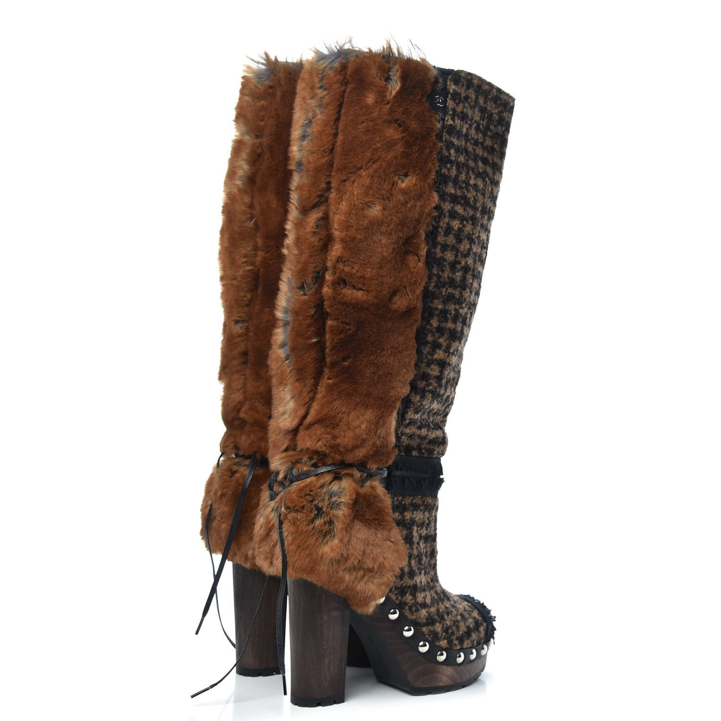 Tweed Fantasy Fur CC High Boots 38 Camel Marron