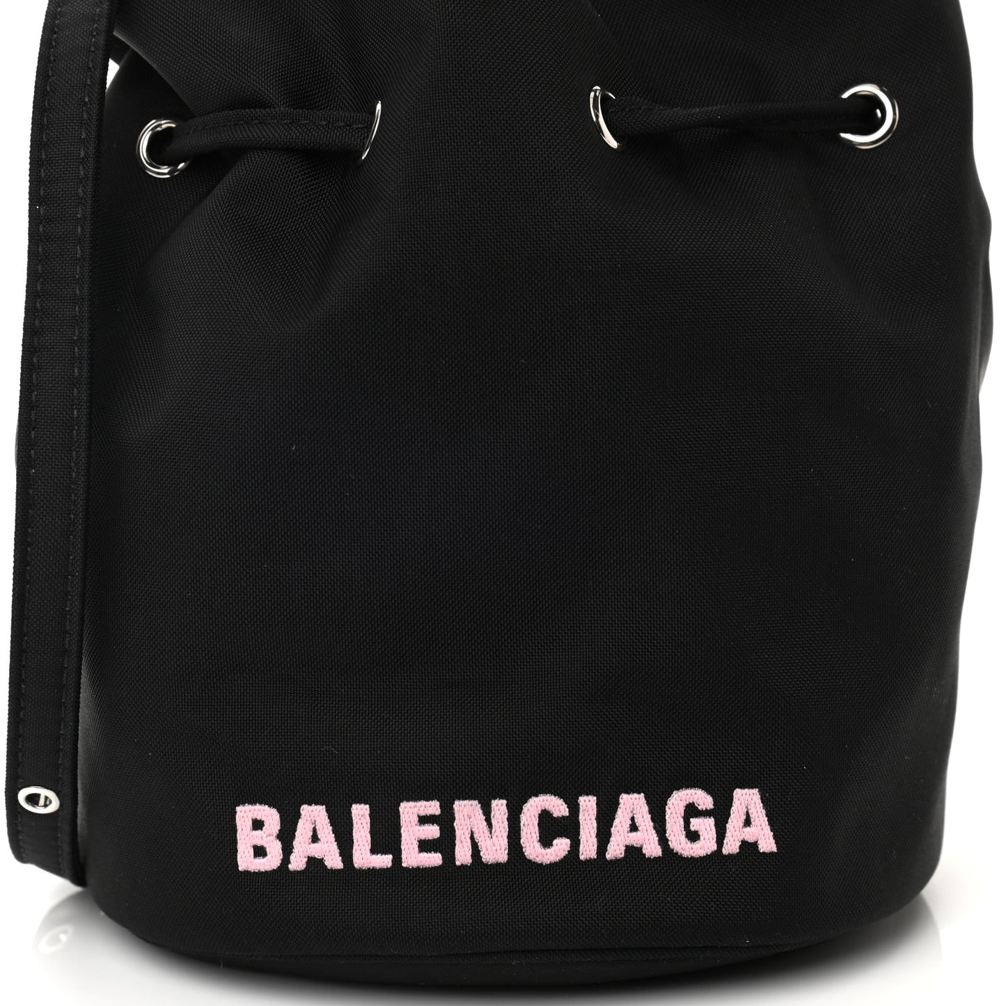 Recycled Sport Nylon Logo Embroidered Wheel Drawstring Bucket Bag Black Pink