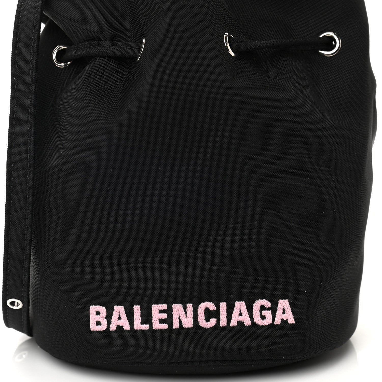 Balenciaga Recycled Sport Nylon Logo Embroidered Wheel Drawstring Bucket Bag Black Pink 7 of 9