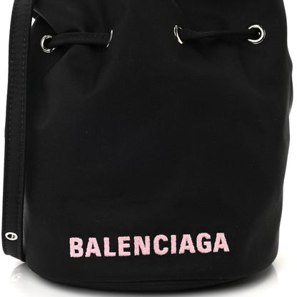 Balenciaga Recycled Sport Nylon Logo Embroidered Wheel Drawstring Bucket Bag Black Pink 7 of 9