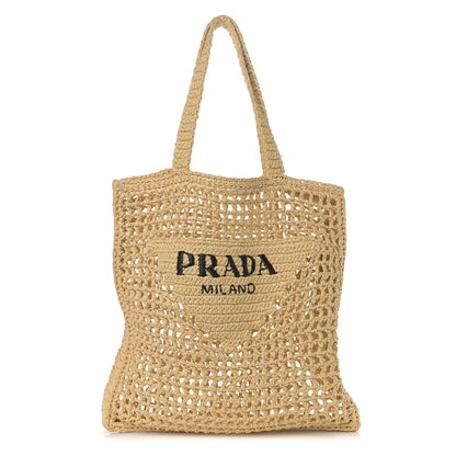 Prada Yarn Raffia Effect Crochet Logo Embroidered Tote Bag Naturale 1 of 10