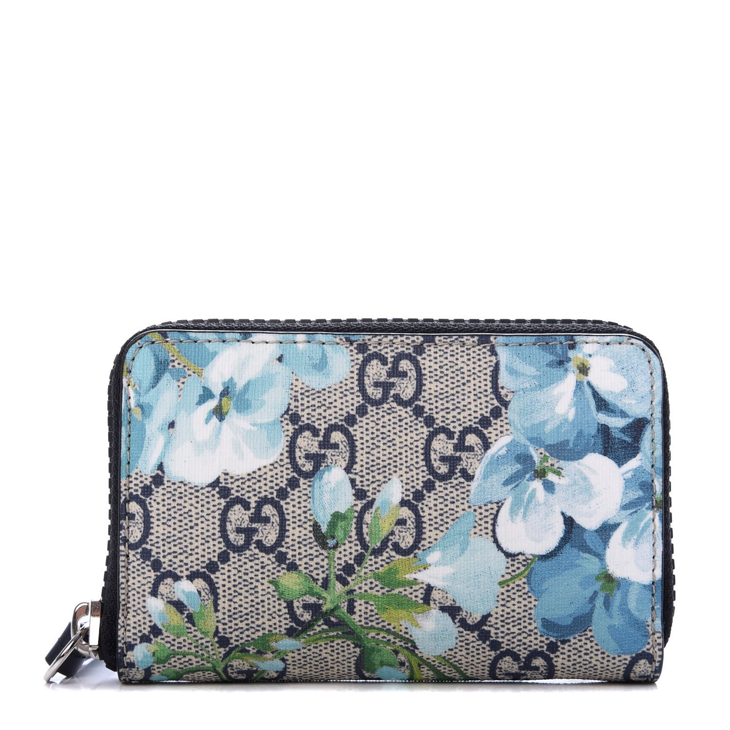 Gucci GG Supreme Monogram Blooms Zip Around Card Case Wallet Beige Blue Navy 1 of 7