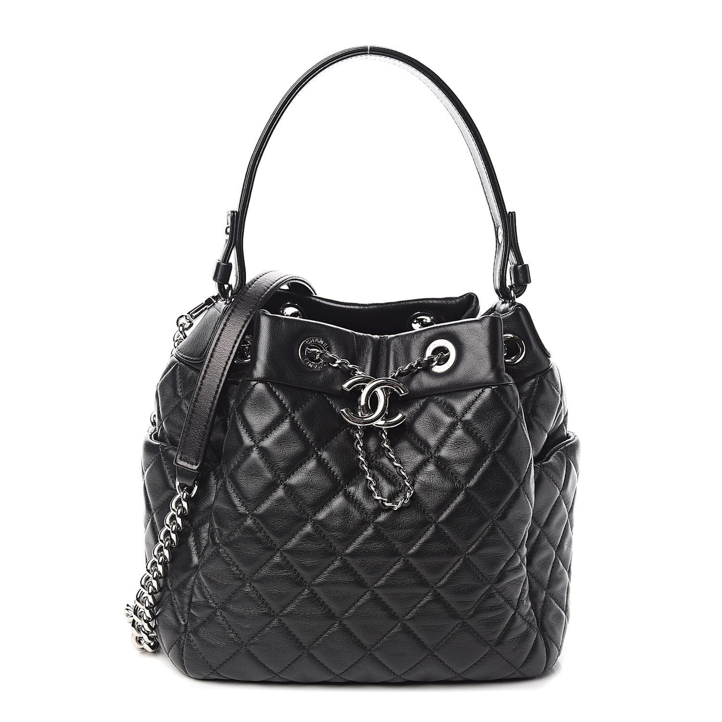 Lambskin Quilted CC Chain Drawstring Tote Black