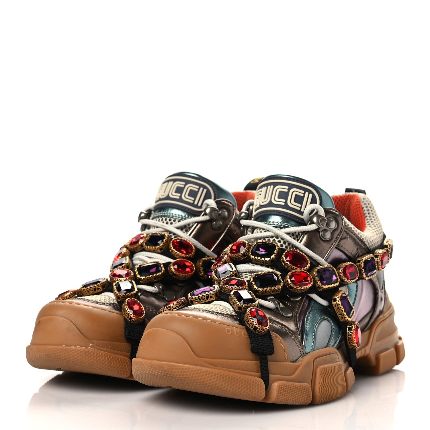 Gucci X SEGA Metallic Calfskin Mesh Removable Crystals Womens Flashtrek Sneakers 36 Rame Mystic White Lago 3 of 7